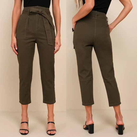 Lulu's | Leo Olive Green‎ Tie-Waist Cropped Pants Women's Medium - Picture 1 of 8